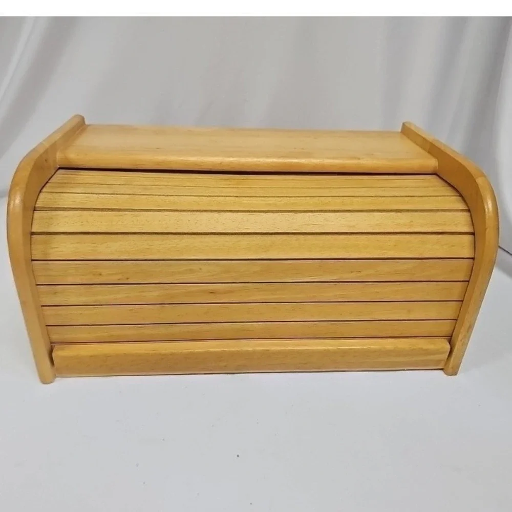 Vintage Wooden Roll Top Bread Box Natural Wood Kitchen Countertop Storage Bin